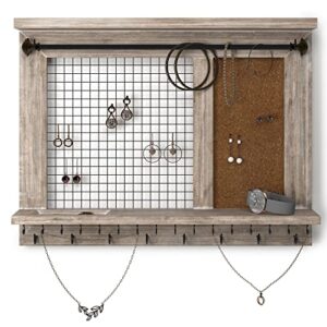 barnyard designs wall mounted hanging jewelry organizer, earring, necklace and bracelet hanger with ring shelf, rustic wood jewelry holder storage display rack, large, whitewashed wood, 16.5" x 13"
