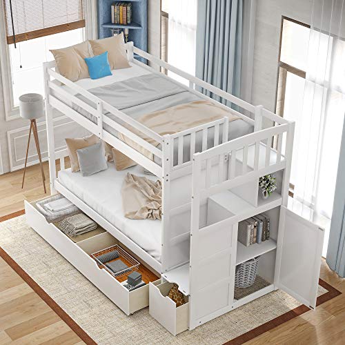 SOFTSEA Twin Over Full Bunk Beds with Drawers for Kids, Twin Over Twin Bunk Bed with Storage Staircase and Convertible Bottom Bed for Bedroom(White)