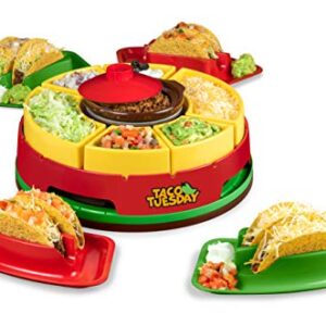 Taco Tuesday Heated Lazy Susan Taco Bar Serving Set for a Party with 4 Tortilla Holders, Fondue Pot for Burritos, Nachos, and Fajitas - 20 Oz. - Red