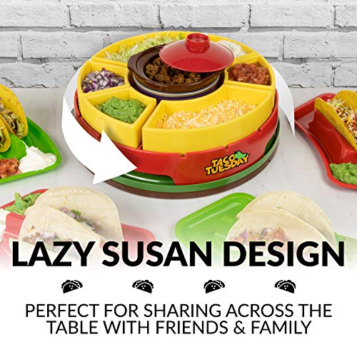 Taco Tuesday Heated Lazy Susan Taco Bar Serving Set for a Party with 4 Tortilla Holders, Fondue Pot for Burritos, Nachos, and Fajitas - 20 Oz. - Red