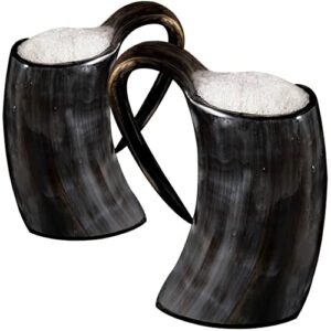 mythrojan black viking horn ale mug, medieval knight renaissance mead ale larp cosplay horn tankard set of 2
