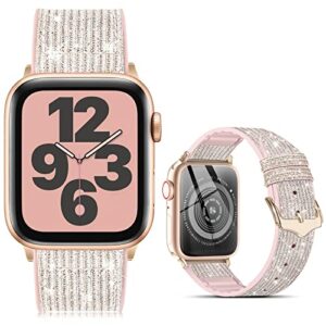 compatible with apple watch band 41mm 38mm 40mm 42mm 44mm 45mm, ctybb blingbling sweatproof genuine leather and silicone band for iwatch series 8 7 6 5 4 3 2 1 se ultra, (starlight/rose gold,41mm 38mm 40mm)