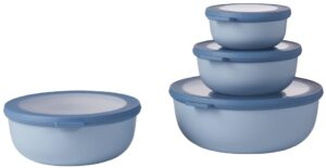 mepal cirqula set of 4 multi food storage and serving bowls with lids, food prep containers, shallow, nordic blue, 1 each (350ml|12oz), (750ml|25oz), (1250ml|42oz), (2250ml|76 oz), 1 set