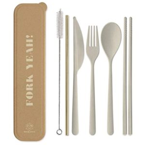 designworks ink reusable cutlery set utensils for lunch box, 7-piece, ochre - fork yeah! includes plastic flatware with forks, spoon, knife, chopsticks, metal straw in portable travel case