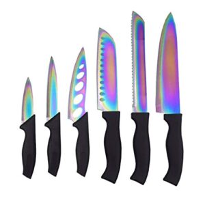 lightahead 7pcs premium rainbow colored knife set, 6 stainless steel kitchen knives with chopping board