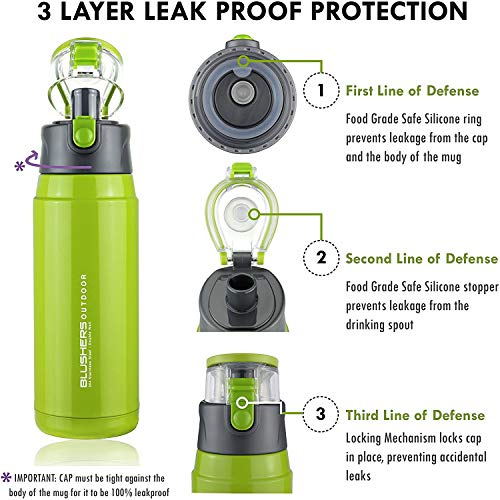 Blushers 650ml (22oz) Double Wall Vacuum Insulated 304 Stainless Steel To Go Travel Mug, One Touch Lock Lid Thermos Water Bottle (Green - 3 Piece Set)