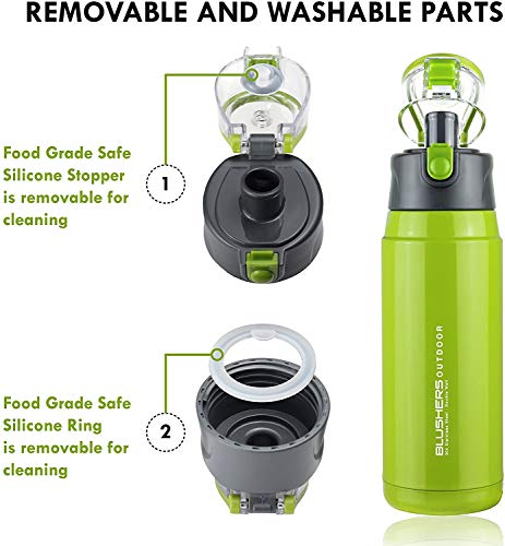 Blushers 650ml (22oz) Double Wall Vacuum Insulated 304 Stainless Steel To Go Travel Mug, One Touch Lock Lid Thermos Water Bottle (Green - 3 Piece Set)