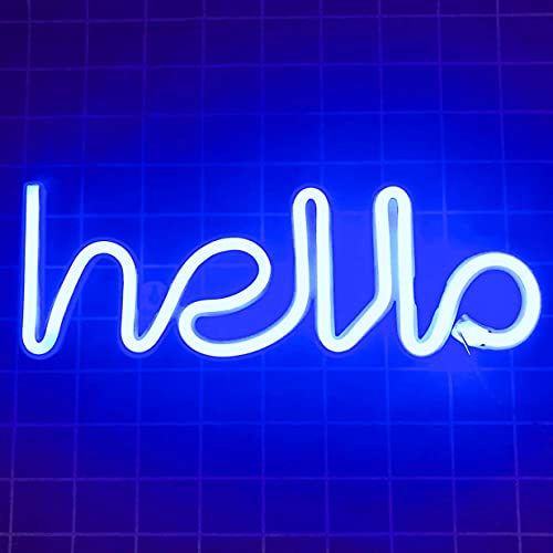 QiaoFei LED Hello Neon Word Sign Neon Letters Light Art Decorative Lights, Marquee Signs/Wall Decor for Christmas, Birthday Party, Kids Room, Living Room,Wedding Party Supplies(Blue Hello)