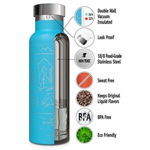 Involve & Evolve Insulated Water Bottle with 3 Lids (Straw Lid) Kids Reusable Double Walled Stainless Steel Flask Metal Stay Wild Thermos 12oz 17oz 20oz 25oz (17 oz, Engraved Blue)