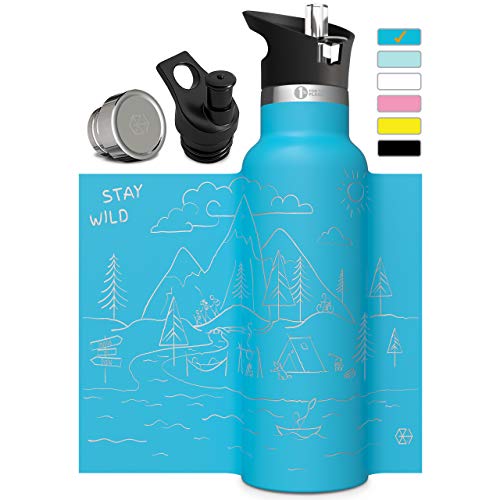 Involve & Evolve Insulated Water Bottle with 3 Lids (Straw Lid) Kids Reusable Double Walled Stainless Steel Flask Metal Stay Wild Thermos 12oz 17oz 20oz 25oz (17 oz, Engraved Blue)