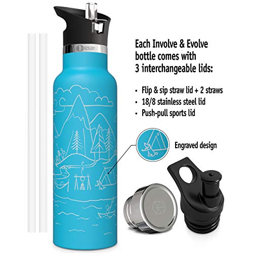 Involve & Evolve Insulated Water Bottle with 3 Lids (Straw Lid) Kids Reusable Double Walled Stainless Steel Flask Metal Stay Wild Thermos 12oz 17oz 20oz 25oz (17 oz, Engraved Blue)