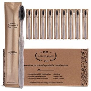 bleeker and rowe biodegradable eco-friendly toothbrushes - individually sealed - bpa free soft bristles - sustainable - recycled packaging (pack of 10)