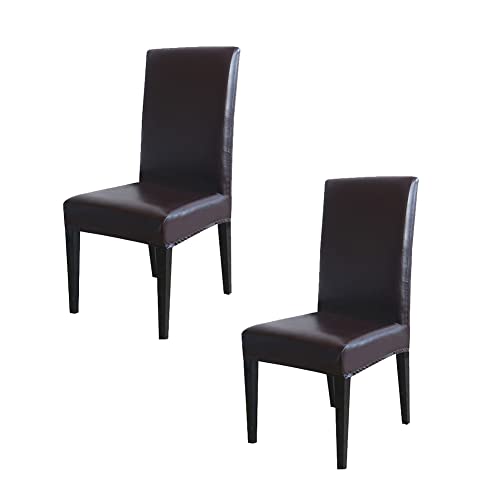 Hooshing PU Leather Chair Covers Stretch Waterproof Chair Protectors for Dining Room Set of 2 Brown