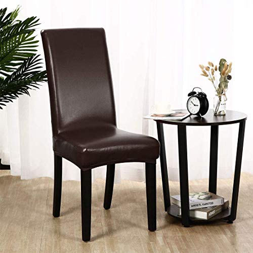 Hooshing PU Leather Chair Covers Stretch Waterproof Chair Protectors for Dining Room Set of 2 Brown