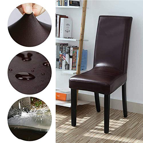 Hooshing PU Leather Chair Covers Stretch Waterproof Chair Protectors for Dining Room Set of 2 Brown