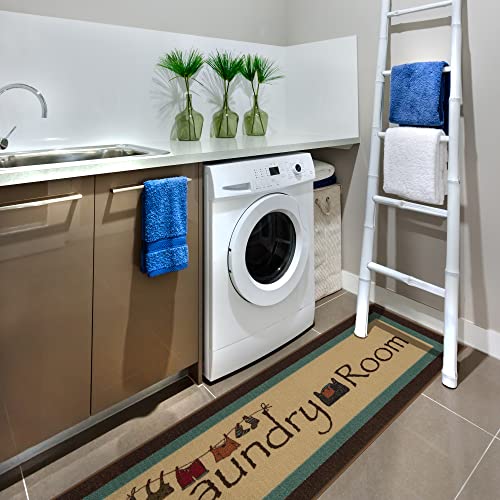 Machine Washable Bordered Laundry Room Rug Non-Slip Rubberback 2x5 Laundry Runner Rug for Laundry Room, Bathroom, Washroom, 20" x 59", Beige Laundry
