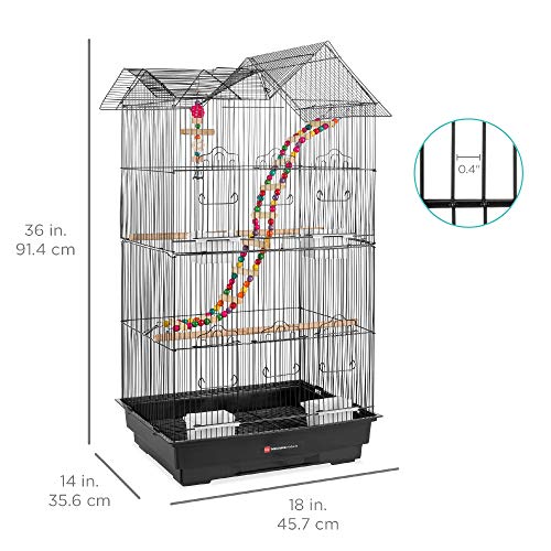 Best Choice Products 36in Indoor/Outdoor Iron Bird Cage for Medium Small Birds, Parrot, Lovebird, Finch, Parakeets, Cockatiel Enclosure w/Removable Tray, 4 Feeders, 2 Toys