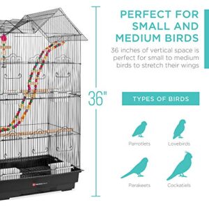 Best Choice Products 36in Indoor/Outdoor Iron Bird Cage for Medium Small Birds, Parrot, Lovebird, Finch, Parakeets, Cockatiel Enclosure w/Removable Tray, 4 Feeders, 2 Toys