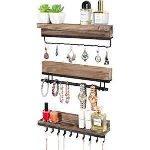 jackcube design 3 pcs hanging wall mounted jewelry organizer (rustic wood) - for accessory earrings, bracelet, bow, headband- mk591a