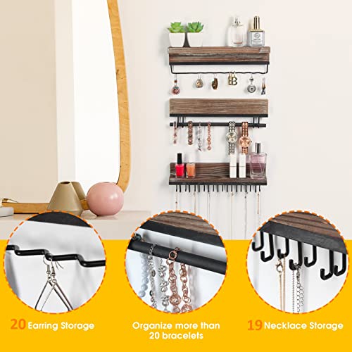 JACKCUBE DESIGN 3 PCS Hanging Wall Mounted Jewelry Organizer (Rustic Wood) - For Accessory Earrings, Bracelet, Bow, Headband- MK591A