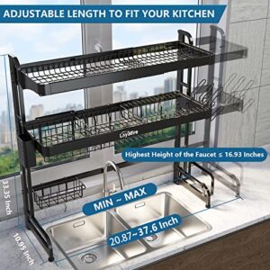 Loyalfire Over Sink Dish Drying Rack, 3 Tier Adjustable Length (20.87''~37.6'') Full Stainless Steel Large Storage Kitchen Dish Rack, Expandable Shelf Rack with Utensil Holder, Cup Hanging Set