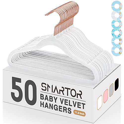 Smartor Premium Velvet Baby Hangers for Closet 50 Pack, 11.8" Safe Durable Baby Clothes Hangers for Nursery with 6 Pcs Closet Dividers, Sturdy Felt Hangers for Toddler/Infant/Kids/Childrens - White