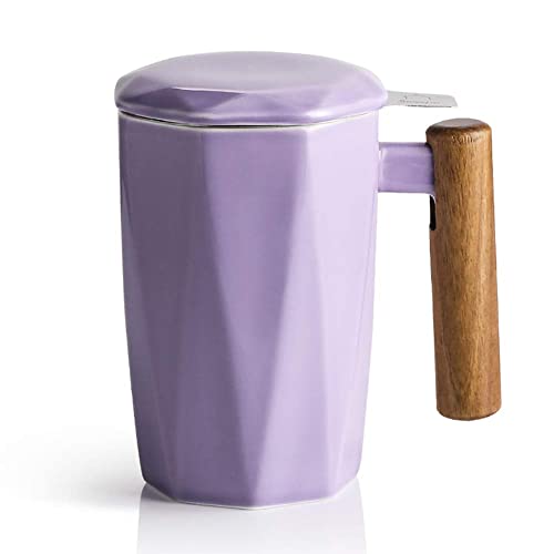 SWEEJAR Porcelain Tea Mug with Infuser and Lid, Wooden Handle, 17 Ounce, Geometric Shape Tea Cup for Steeping, Tea Lover, Gift, Home, Office (Purple)