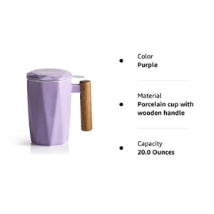 SWEEJAR Porcelain Tea Mug with Infuser and Lid, Wooden Handle, 17 Ounce, Geometric Shape Tea Cup for Steeping, Tea Lover, Gift, Home, Office (Purple)