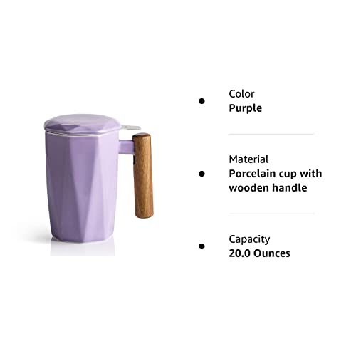 SWEEJAR Porcelain Tea Mug with Infuser and Lid, Wooden Handle, 17 Ounce, Geometric Shape Tea Cup for Steeping, Tea Lover, Gift, Home, Office (Purple)