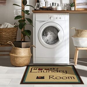 Machine Washable Bordered Laundry Room Rug Non-Slip Rubberback 2x3 Laundry Area Rug for Laundry Room, Bathroom, Washroom, 26" x 35", Beige