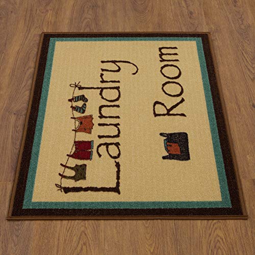 Machine Washable Bordered Laundry Room Rug Non-Slip Rubberback 2x3 Laundry Area Rug for Laundry Room, Bathroom, Washroom, 26" x 35", Beige