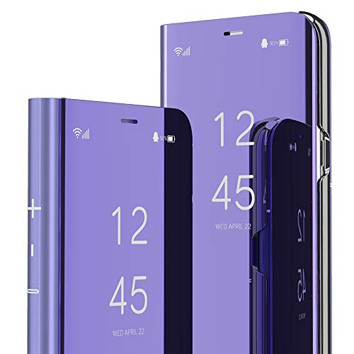 ISADENSER Huawei P40 Lite Case Huawei Nova 7i Case for Women With Clear View Flip Plating Mirror Makeup Glitter Slim Shockproof Full 360 Body Protective Mirror Case for Huawei P40 Lite Mirror Purple