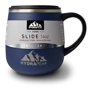 hydrapeak 14oz double vacuum insulated coffee mug. stainless steel travel mug, tumbler tea cup with water tight slide lid and handle (navy)