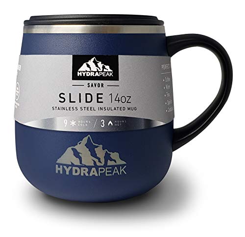 Hydrapeak 14oz Double Vacuum Insulated Coffee Mug. Stainless Steel Travel Mug, Tumbler Tea Cup with Water Tight Slide Lid and Handle (Navy)