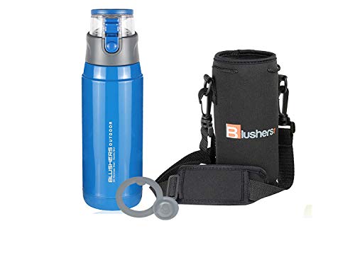 Blushers 650ml (22oz) Double Wall Vacuum Insulated 304 Stainless Steel To Go Travel Mug, One Touch Lock Lid Thermos Water Bottle (Blue - 3 Piece Set)