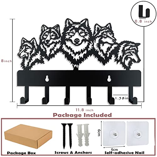 Wildlife Wolf Decoration Coat Hooks Key Rack Self Adhesive Wall Mounted Metal Key Holder for Wall 12 Inch Metal Personalized Modern Home Entryway Bedroom Organizer Key Hat Belt Bag Wall Hanger. (Wolf)