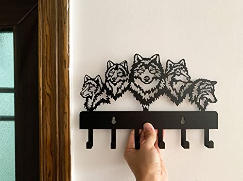 Wildlife Wolf Decoration Coat Hooks Key Rack Self Adhesive Wall Mounted Metal Key Holder for Wall 12 Inch Metal Personalized Modern Home Entryway Bedroom Organizer Key Hat Belt Bag Wall Hanger. (Wolf)