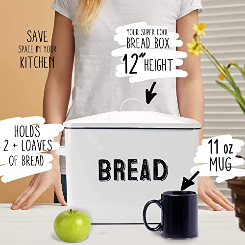 Granrosi Large Bread Box for Kitchen Countertop, Bread Storage Container, Breadbox, Bread Container, Bread Holder, Bread Keeper, Bread Boxes - Farmhouse Bread Box with Metal Lid - White