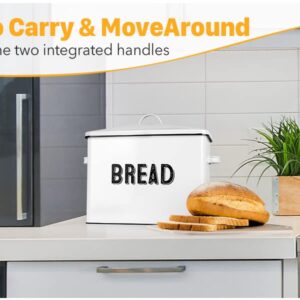 Granrosi Large Bread Box for Kitchen Countertop, Bread Storage Container, Breadbox, Bread Container, Bread Holder, Bread Keeper, Bread Boxes - Farmhouse Bread Box with Metal Lid - White