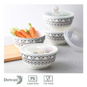DOWAN Porcelain Bowls with Vented Lid, 30oz Cereal Soup Bowl, Ceramic Bowl Set, Ceramic Bowl With Lid, Prep Bowls for Kitchen, Modern Bohemian Bowl for Oatmeal, Rice, Pasta, Salad, Set of 4