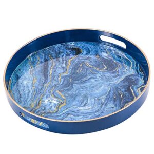 zosenley round decorative tray, marbling plastic tray with handles, modern vanity tray and serving tray for ottoman, coffee table, kitchen and bathroom, size 13”, blue