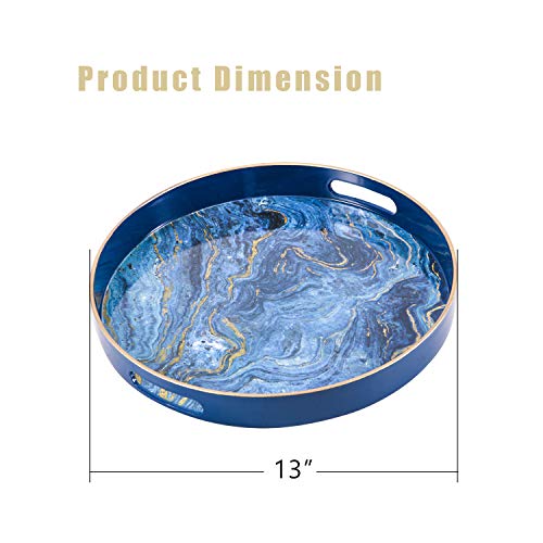 Zosenley Round Decorative Tray, Marbling Plastic Tray with Handles, Modern Vanity Tray and Serving Tray for Ottoman, Coffee Table, Kitchen and Bathroom, Size 13”, Blue