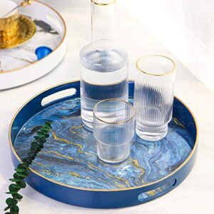 Zosenley Round Decorative Tray, Marbling Plastic Tray with Handles, Modern Vanity Tray and Serving Tray for Ottoman, Coffee Table, Kitchen and Bathroom, Size 13”, Blue