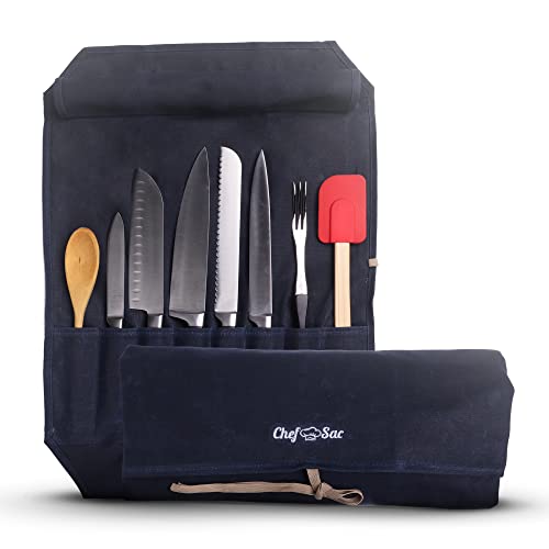 Chef Knife Waxed Canvas Knife Roll Bag| 8 Pockets for Knives & Kitchen Utensils Waterproof Material | Great Gift for Executive Chefs & Culinary Students (Blue)