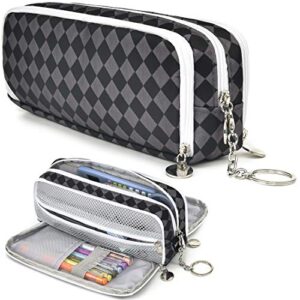 herriat large pencil pouch with keychain, durable canvas big capacity pencil case bag for teen boys girls high school students and office suppliy with 3 compartments marker case(gray grid)