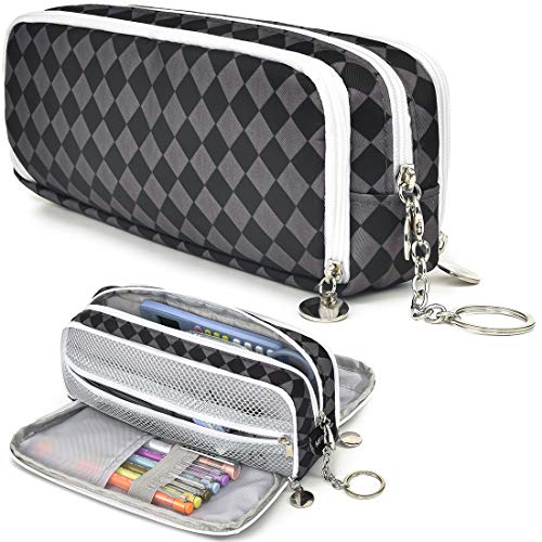 HERRIAT Large Pencil Pouch with Keychain, Durable Canvas Big Capacity Pencil Case Bag for Teen Boys Girls High School Students and Office Suppliy with 3 Compartments Marker Case(Gray Grid)