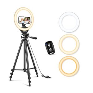 sensyne 10'' ring light with 50'' extendable tripod stand, led circle lights with phone holder for live stream/makeup/youtube video/tiktok, compatible with all phones