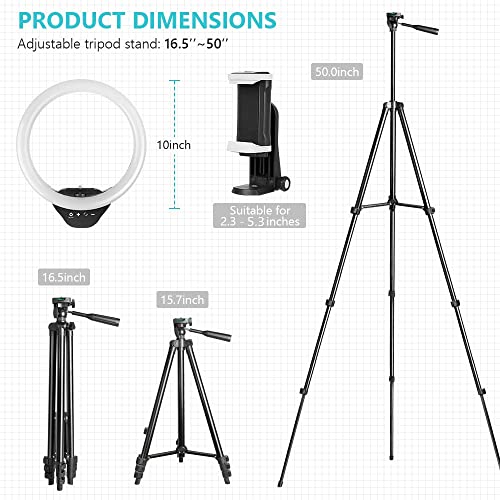 Sensyne 10'' Ring Light with 50'' Extendable Tripod Stand, LED Circle Lights with Phone Holder for Live Stream/Makeup/YouTube Video/TikTok, Compatible with All Phones