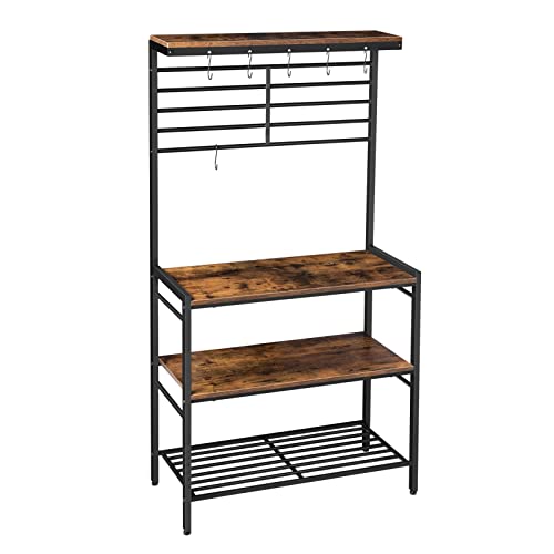 HOOBRO Bakers Rack, Microwave Stand, Kitchen Storage Shelf Rack with Hooks, Coffee Bar, 4 Shelves and Mesh Panel, Adjustable Feet, for Kitchen, Living Room, Coffee Station, Rustic Brown BF01HB01