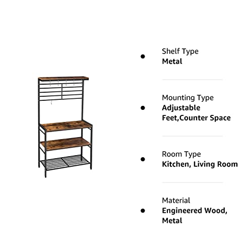 HOOBRO Bakers Rack, Microwave Stand, Kitchen Storage Shelf Rack with Hooks, Coffee Bar, 4 Shelves and Mesh Panel, Adjustable Feet, for Kitchen, Living Room, Coffee Station, Rustic Brown BF01HB01